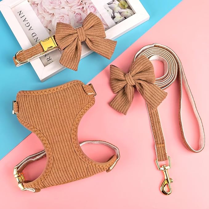 Didog Cute Small Dog Harness Collar and Leash Set with Bowtie, Breathable Soft Mesh Padded Puppy Harness, Dog Harness for Small Dogs Daily Walks Parties, Holiday Gatherings & Gifts, Brown, M