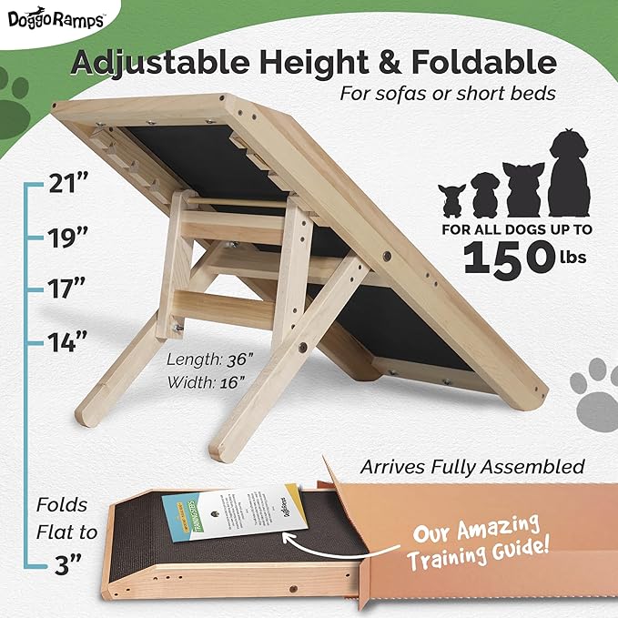 DoggoRamps Dog Ramp for Couch - Furniture Quality Solid Maple - with Anti-Slip Grip & Landing Platform - Adjustable Dog Ramp 14" to 21" - Couch Ramp for Dogs up to 150lbs - Made in North America
