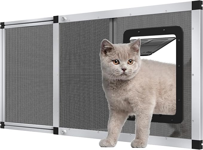 Ventilated Pet Door for Window 38"-44" Wide Adjustable, Silver Aluminum Frame + Stainless Steel Mesh | Breathable Bug-Proof | 4-Way Lock Magnetic Closure Cat Window Door,Cat Door for Window Insert