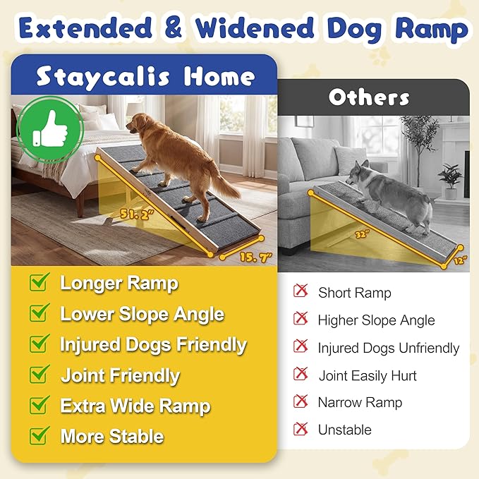 Dog Ramp for Bed & Couch - Extra 51.2" Long Adjustable Height 9.5" to 24" Wooden Non-Slip Pet Ramp, Portable Foldable Doggie Car Ramp for Small Medium Large Dogs, 200 LBS Load