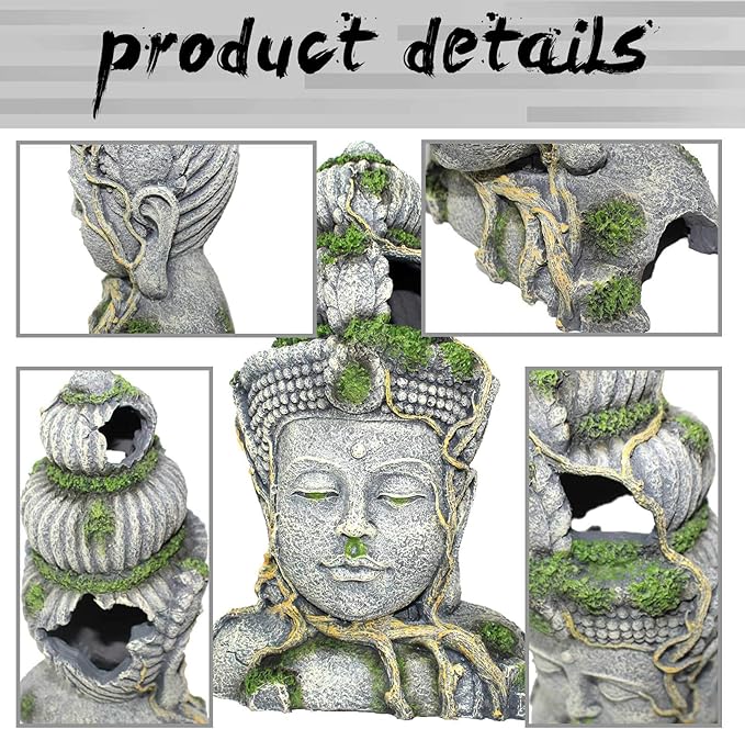 PINVNBY Aquarium Buddha Head Statue Decorations,Fish Tank Resin Large Buddha Sculpture Ornament,Betta Hideout Cave Sleep Rest Play for Small Fish Shrimp Lizard Gecko Small Reptile(3 Pack)