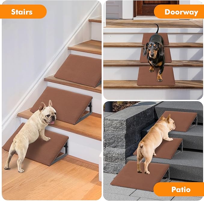 Dog Ramps for Staircase - Pet Steps Stairs for Staircase with Anti-Slip Bottom Suitable for Small Dogs, 3 Packs Extra Wide Metal Frame Dog Ramp for Injured and Older Pets (Brown)