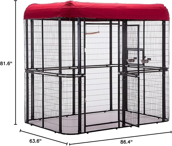 87-Inch Heavy Duty Walk-in Bird Cage with Cover – Large Outdoor Aviary Metal Birdcage with Stand, 7.22x5.25x6.8ft Flight Space for Macaw, Budgie, Conure, Lovebird, Parakeet, Cockatiel