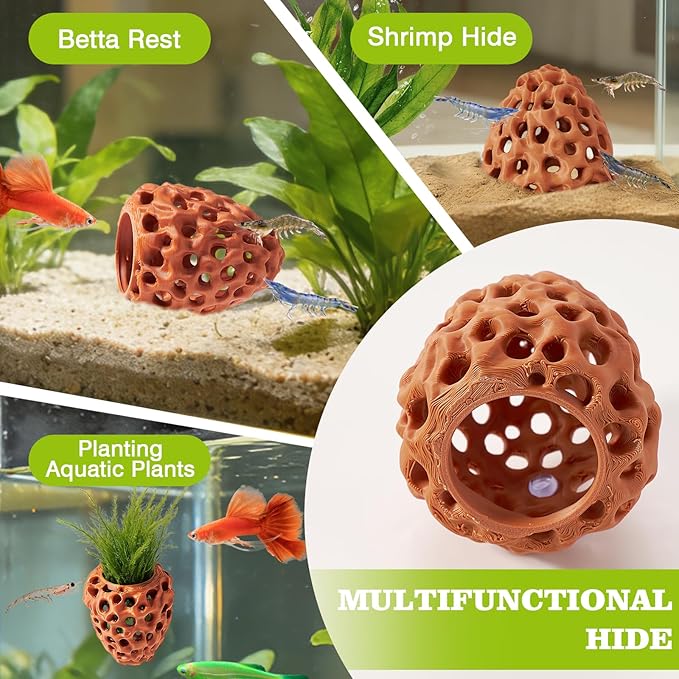 Shrimp Dome Hide, Shrimp Hides for Aquarium, Betta Fish Hideout with Suction Cup, Betta Habitat Tank Ornament Accessories, Aquarium Decor for Small Fish Guppy Hiding Resting (Brown)