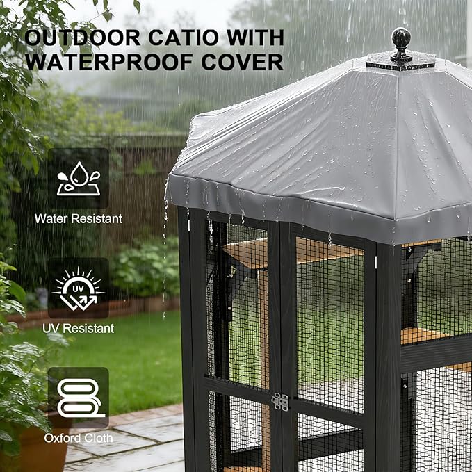Catio Outdoor Cat Enclosure, Indoor Cat Enclosure with Window Access, Wooden Outdoor Cat Catio with Waterproof Cover, Cat House & Platform for Multiple Cats, Black