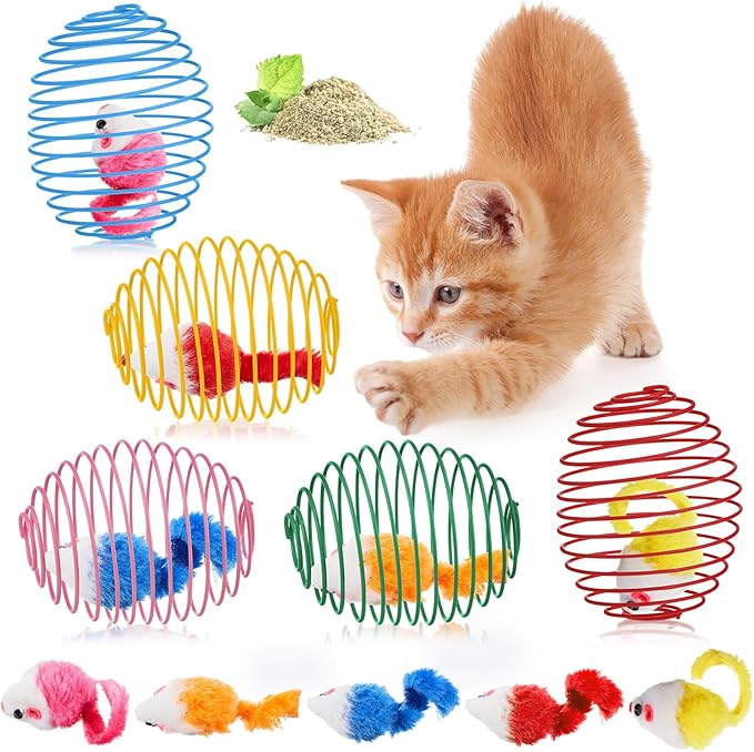 Jecery 5 Pcs Cat Spring Balls Toys Stretchable Rolling Balls Colorful Playful Coils Interactive Action Toy Caged Rats for Kitten Pet Supplies (Catnip Rats,Bright Color)