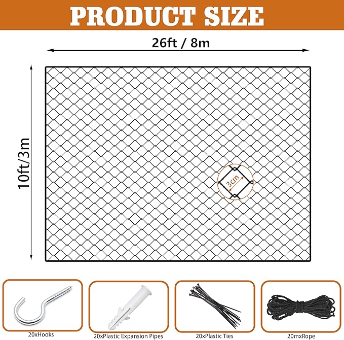 Cat Netting, Balcony Netting for Pets,Steel Wire Reinforced Balcony Screen for Pets, Anti-Fall Cat Net for Balcony and Windows,Stair, Patio（Black,10 * 26ft）