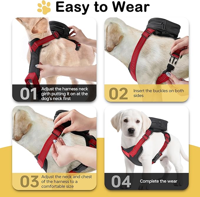 Dog Backpack Harness with Reflective Leash, Built in Poop Bag Dispenser, Adjustable Backpack for Small Dogs, Detachable Dog Back Pack for Outdoor Adventures, Puppy Training, Walking(Black,Medium)