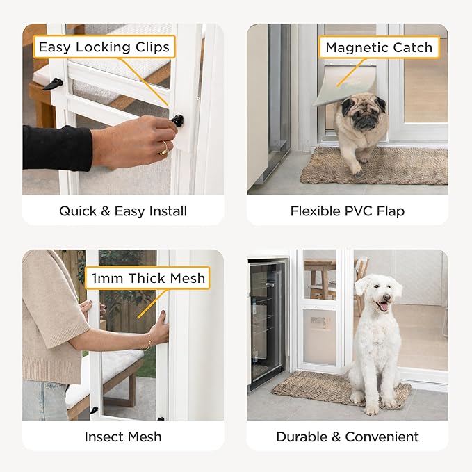 Hakuna Pets V2 Patio Pet Door Screen Insert Panel for Sliding Doors, Fits Door Track Min Ht 62.99" to Max Ht 84.25",UV Resistant Mesh, Locking Magnetic Dog Door, Easy Install and Removal, Large, White