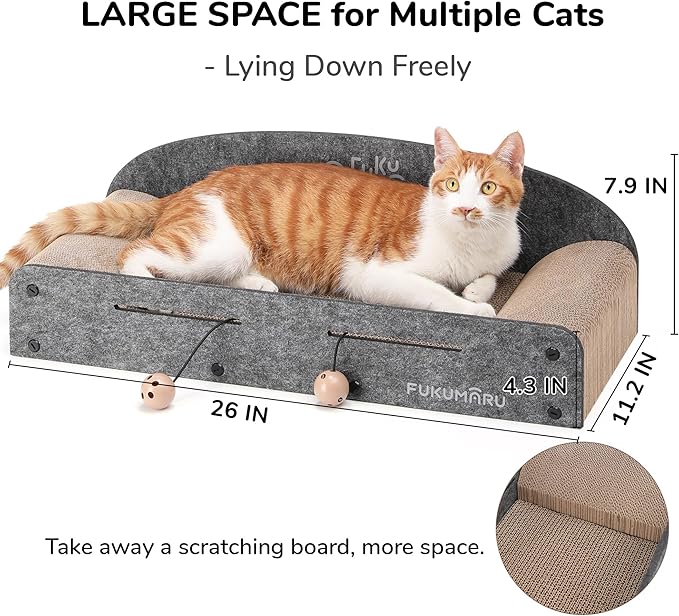 FUKUMARU 26 Inch Cat Scratcher Bed, 2 Reversible Cardboard Cat Scratch Pads Refill for Indoor Cats, Durable Large Cats Scratching Bed Sofa Couch Lounger with Fun Toys, Furniture Protector, Grey
