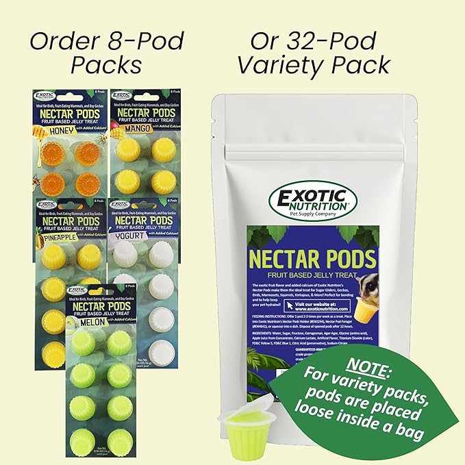 Nectar Pods (Variety 5 Pack) - 40 Calcium-Fortified Jelly Fruit Pods - Sugar Gliders, Marmosets, Squirrels, Parrots, Cockatiels, Parakeets, Birds, Hamsters, Day Geckos, Kinkajous & Other Small Pets…