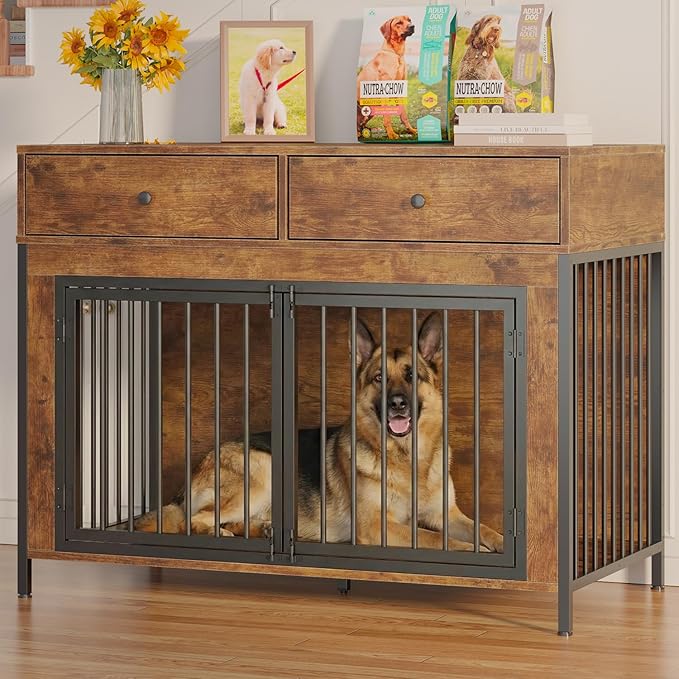 PUKAMI 44inch Large Dog Crate Furniture with Drawers, Wooden Dog Kennel Furniture for Indoor use, Brown End Table Dog House, for Small/Medium/Large Dog
