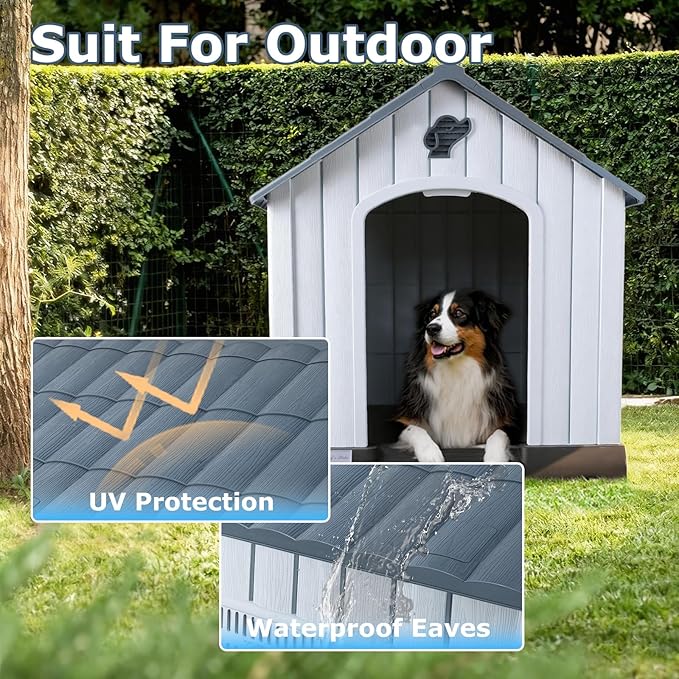 LEMBERI Plastic Dog House for Medium Dogs, Durable Waterproof Indoor Outdoor Doghouse with Air Vents and Elevated Floor, Easy to Assemble (Gray, 33.5" L x 31.5" W x 33.9" H)