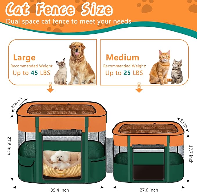 Portable Cat Playpen with Separate Areas, 2-in-1 Puppy Playpen & Cats Cage, Foldable Pet Tent for Indoor and Outdoor Use, Collapsible Tent Kennel Cage House(35.4"x27.6"x27.6", Orange & Green)