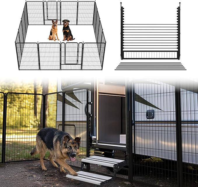 FXW Rollick Unleashed Dog Playpen for Indoor, Yard, RV Camping, 45 inch 16 Panels Dog Pen with RV Step Grid for Large Dogs, Black│Patented