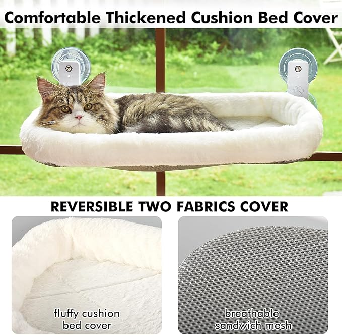 AMOSIJOY Cordless Cat Window Perch, Window Hammock for Cats with 4 Strong Suction Cups, Solid Metal Frame and Soft Cover, Indoor Cat Bed