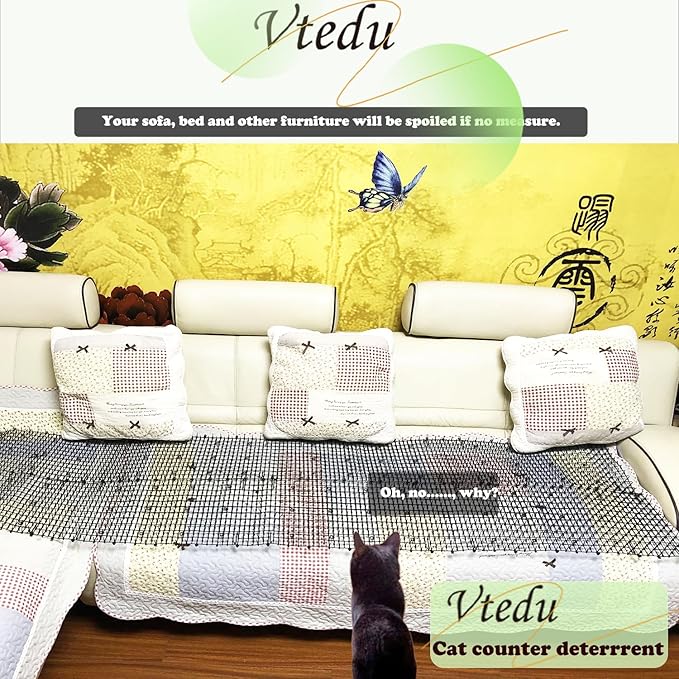 Cat Deterrent Mat(6.5ft), Cat Repellent Mat, Cat Scat Mat,Cat Spikes with 8 Staples, Scat Mats for Pets(Cats, Dogs...) for Garden