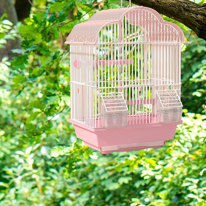 Generic Parrot Birdcage Stand Cage House Hanging with Food Cup Hanging Cage Birds Nest for Cockatoos Lovebirds Macaw Budgies Finches, M, Pink