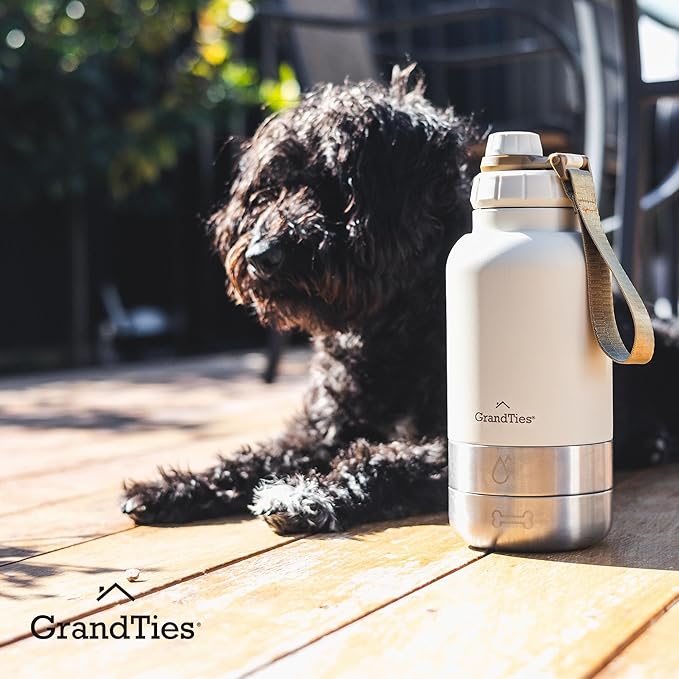 GrandTies Insulated Portable Water Bottle with 2 Detachable Dog Bowl Dispenser | Leak-Proof Food Travel Container | Walking, Hiking, Camping (64oz, Ivory White)