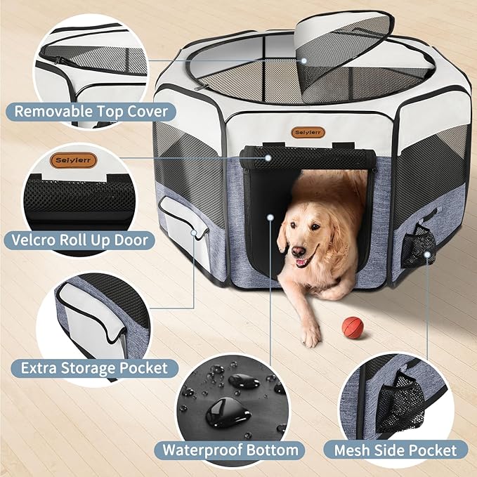 Dog Playpen, Portable Pet Play Pen Foldable Carrying Case, Puppy Pens Outsid for Small Cat Indoor/Outdoor, Removable Mesh Shade Cover