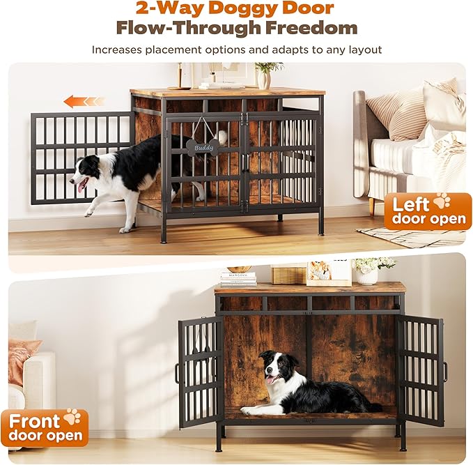 Large Dog Crate Furniture, Wooden Dog Kennel Furniture for Medium Large Dogs, Double-Doors Sturdy Metal Dog Cage for Anxiety Dog, Anti Escape Wooden Cage with Name Tag End Table, TV Stand Brown