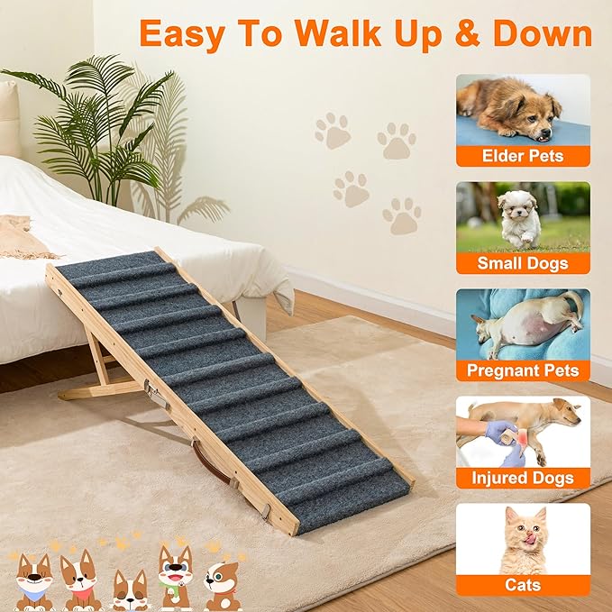 Clikuutory 2025 Upgraded Dog Ramp for Couch, 51.2" Foldable Small Dog Ramp for Bed, 5 Adjustable Height from 14" to 28", Portable Stable Pet Steps with Anti-Slip Carpet for Low Bed Couch Stairs, Wood