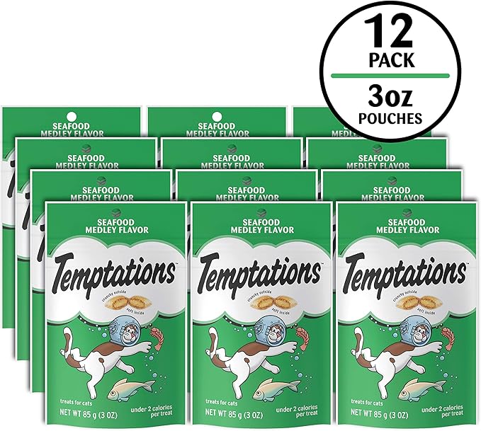 Temptations Cat Treats, Classic Crunchy and Soft Cat Treats, Seafood Medley Flavor, 3 oz. Pouch (Pack of 12)