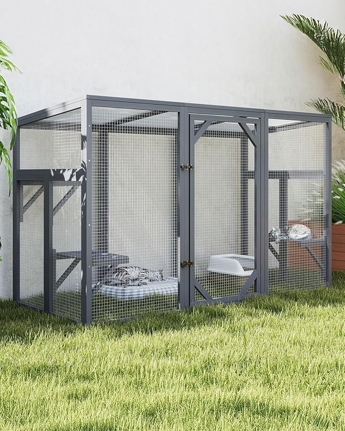 Outdoor Cat House, 71" Catio Outdoor Cat Enclosure, Large Cat Patio Enclosure for Multiple Cats, Weatherproof Cattio for Cats Outside, Wood Frame, Easy Assembly for Backyard, Grey