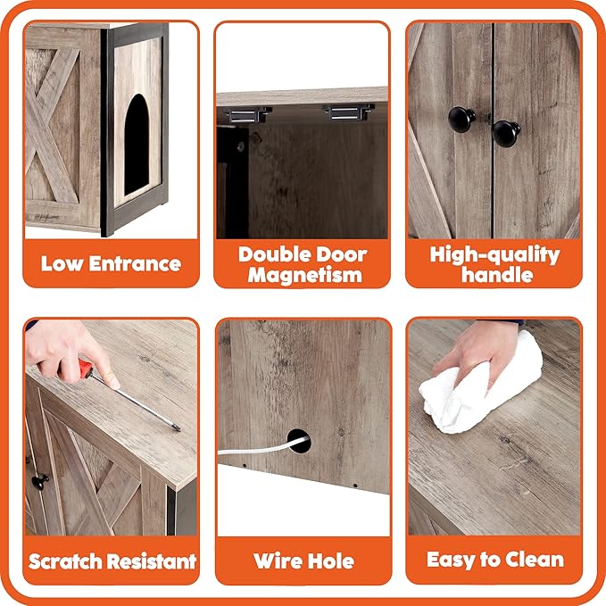 Dwanton Litter Box Enclosure, Cat Litter Box Furniture Hidden, Reversible Entrance Can Be on Left or Right Side, Wooden Cat Washroom Indoor, Greige, 27.6 Inches