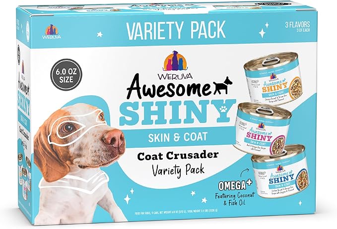Weruva Awesome Shiny Wet Dog Food, Coat Crusader Variety Pack, 6oz Can (Pack of 9)