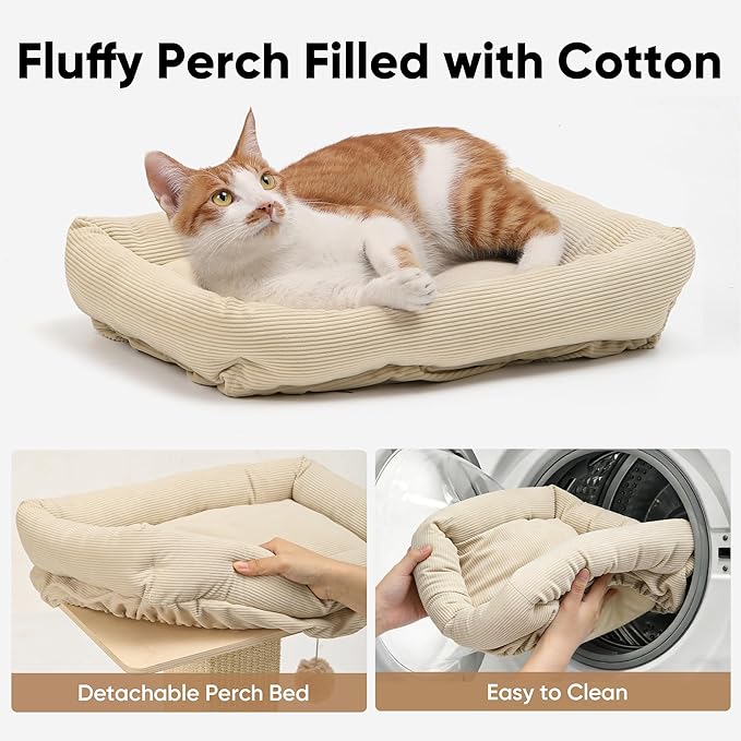 FUKUMARU Cat Scratching Post, Modern Style Tall Scratch Posts with Perch for Infoor Cats Adults, Large Cat Scratcher Tower with Bed, Small Tree with Raised Stand, Natural Sisal & Solid Wood