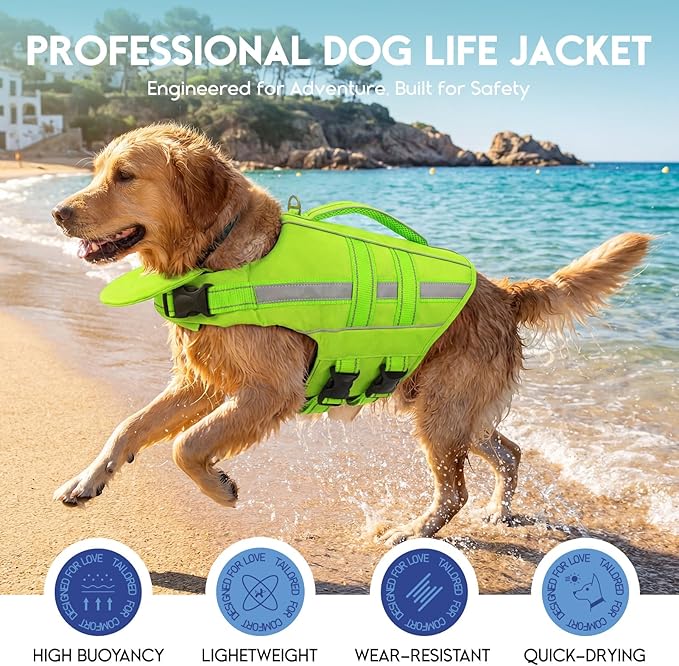 ASENKU Removable Front Float Dog Life Jacket, High Buoyancy Dog Life Vest with Reflective Strips & Rescue Handle for Swimming & Boating, Adjustable Life Jacket for Dogs(Green XL)
