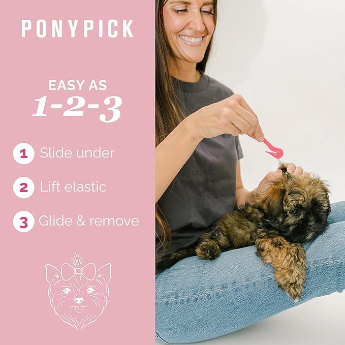 Pet Hair Elastic Rubber Band Cutter – 3 Picks and 50 Clear Elastics – Pet Grooming Tool for Easily Removing Dog Bows and Hair Accessories
