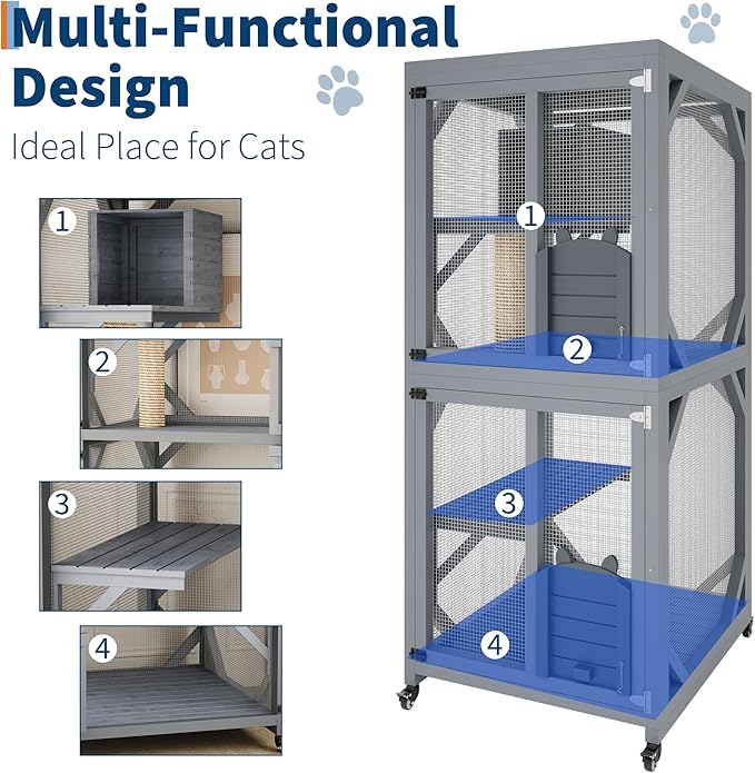 4 Tiers Outdoor Cat Enclosure on Wheels, 68'' Catio with Window Access, Weatherproof Roof Cats House with Scratch Post, Platforms and Resting Box Grey