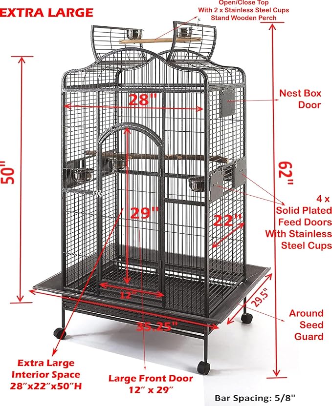Extra Large Wrought Iron Open/Close Play Top Bird Parrot Cage, Include Metal Seed Guard Solid Metal Feeder Nest Doors Overall Dimensions: 35.25" Wx29.5"x62"H(with Seed Skirt)
