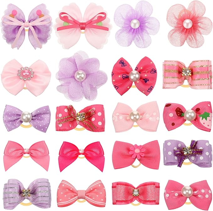 Hanaive 20 Pcs Dog Bows Small Size Dog Hair Bows for Puppy Hair with Rubber Bands Handmade Puppy with Pearls