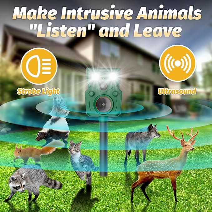 2 Packs Ultrasonic Animal Repeller Solar Powered, Cat Repellent Outdoor with Motion Sensor, Waterproof Deer Repellent Devices with LED Flash Light, Effective Repel Invasive Animals to Protect Yard
