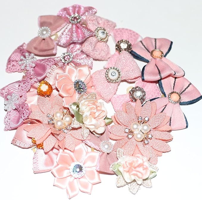 Dog Hair Bows, 20 Pack Pink Decorative Pet Accessories with Rhinestones and Pearls, Floral and Bowknot Designs