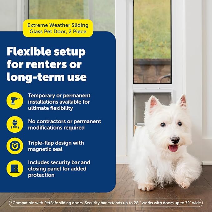PetSafe Extreme Weather Sliding Glass Pet Door - Energy Efficient Entry for Dogs & Cats - Triple Flap with Magnetic Seal - Durable Aluminum Frame - Easy Install - Mediume