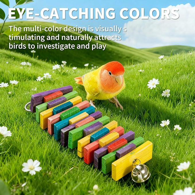 2 PCS 9.84" Multicolored Bird Toys - Stress Relief Chew Parrot Toys, Natural Wooden Blocks, Hanging Bird Cage Accessories, for Parakeets Cockatiels Conures Budgies African Grey Macaws Amazon Parrots