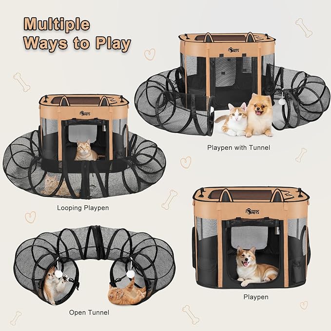 Ownpets Portable Cat Playpen with Removable Tunnel, Foldable Puppy Play Pen, Indoor Outdoor Cat Enclosure Pet Tent for Cats, Dogs and Small Pets