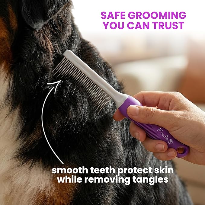 Poodle Pet Detangling Pet Comb with Long & Short Stainless Steel Teeth for Removing Matted Fur, Knots & Tangles – Detangler Tool Accessories for Safe & Gentle DIY Dog & Cat Grooming