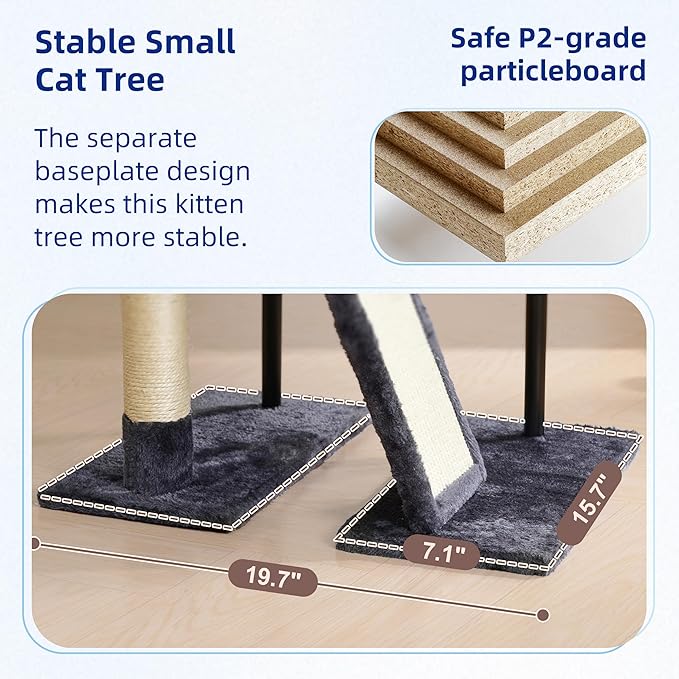 Cat Tree for Indoor Cats, Cat Tower with Scratching Post for Small Cats and Kittens, Cat House with Removable Top Platform and Fluffy Balls, Hanging Cat Basket, Smoky Gray GCT006SG