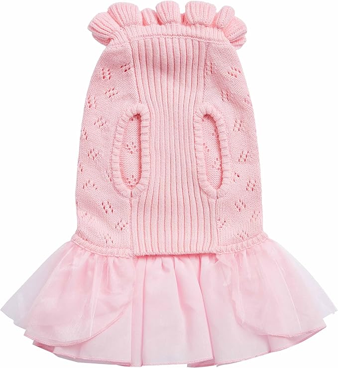 Blueberry Pet My Cutie Princess Ruffle Collar Dog Sweater Dress with Layered Tulle, Pink, Back Length 16", Fall Winter Clothes for Girl Dogs