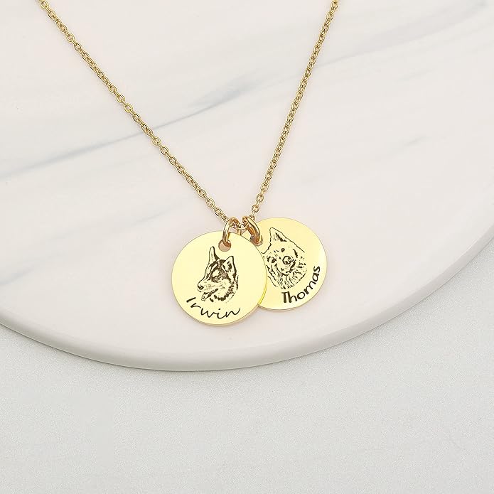 Anavia Personalized Pet Portrait Necklace, Handmade Memorial Jewelry Gift, Custom Round Disc Photo Engraved Necklace for Animal Lovers, Dog Mom, Dog Dad