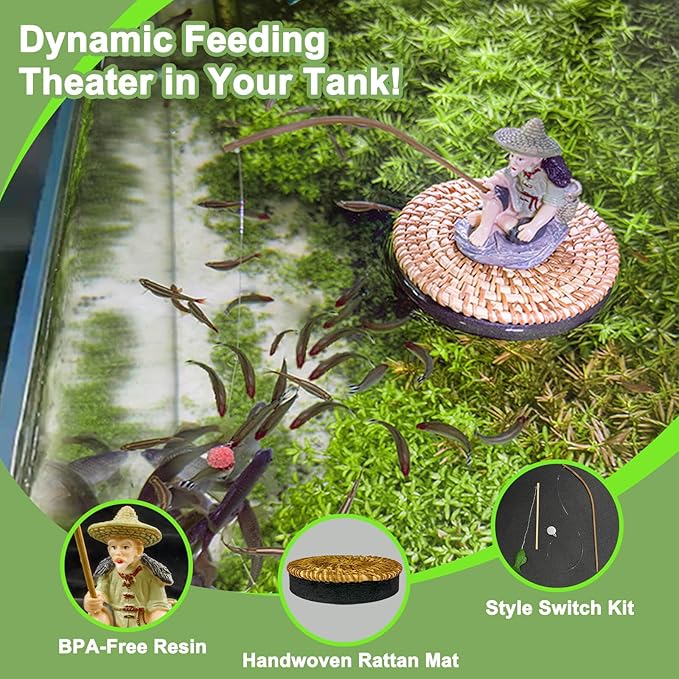 Floating Fish Tank Decorations, Resin Fisherman Aquarium Decor with Realistic Mini Fishing Rod, Fun Fish Feeder Aquarium Ornaments for Guppy Betta and Small Schooling Species Interactive Toy