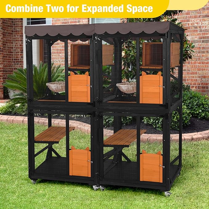 Aivituvin Catio Outdoor Cat Enclosure on Wheels Indoor Kitty House with Cat Bed, Scratching Post, Jumping Platforms, Waterproof Roof