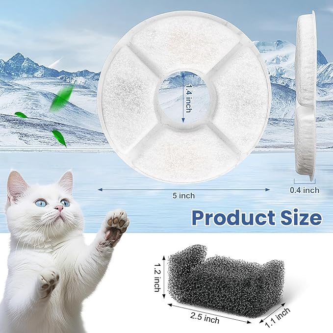 12 Pack Cat Water Fountain Filter, 8 Pcs Cat Fountain Filters Replacement Dia is 5" & 4 Pcs Pre-Filter Sponges for 81oz / 2.4L Round Automatic Pet Water Fountain Dog Dispenser, 3-Filtration System