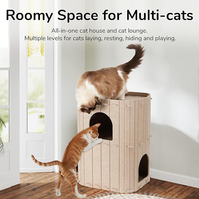 FUKUMARU Cat House for Indoor Cats, 23.62 Inch Large Cat Bed Cave Condo, 2-Storey Cozy Felt Covered Cats Tunnel Kitten Hideaway for Multicats, Scratch Resistant, Beige