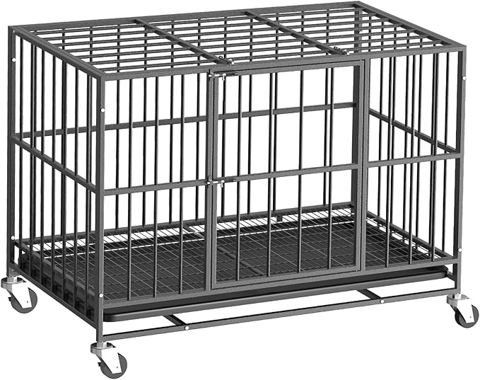 42 Inch Heavy Duty Dog Crate, Indestructible Escape-Proof Dog Kennel for High Anxiety Large Dogs, Strong Metal Pet Cage with Double Doors, Lockable Wheels & Removable Tray, XL XXL XXXL